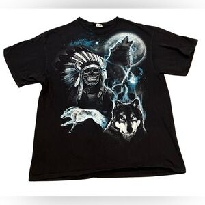 Vintage 90s Wolf & Skeleton Warrior Graphic T-Shirt | Size XL | Black/Multi